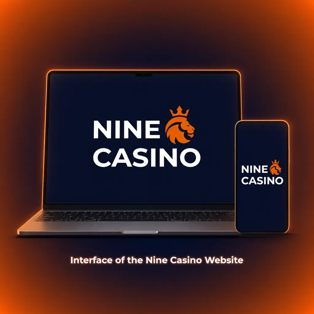 Nine Casino website interface with dark navy layout and orange accents